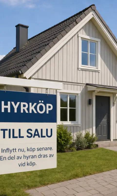 Modern villa i lugnt bostadsområde med skylt om hyrköp till salu – illustrerar möjligheten att köpa bostad via hyrköp och göra bostadsägande mer tillgängligt.