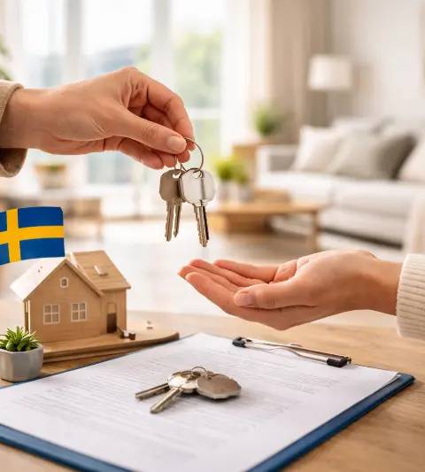 Nyckelöverlämning vid bostadsköp i ljus svensk lägenhet.