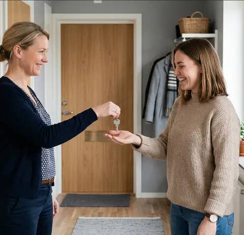 Person som lämnar över nyckel till hyresgäst